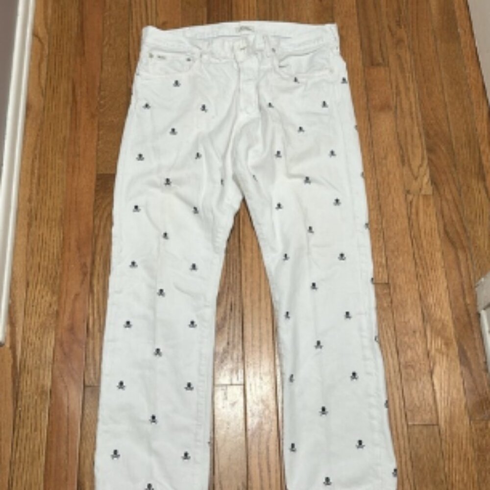 Men’s Ralph Lauren White Pants with Black Skull Embroidery Waist 34 Inseam 30